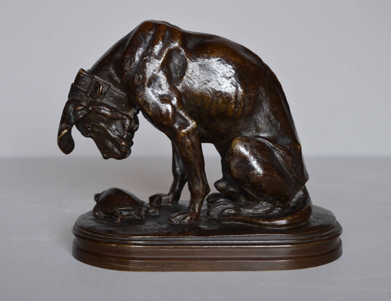 Henri Jacquemart
French, (1824-1896)
Bronze, signed ‘A. Jacquemart’
Height: 6 inches

A good quality bronze sculpture of a bloodhound closely watching a tortoise by Henri Alfred Jacquemart. This delightful study captures the curiosity of the
