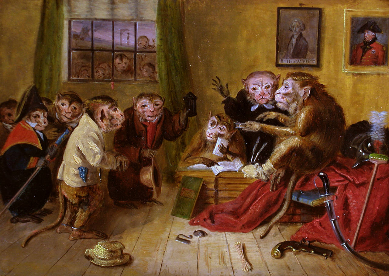 The Monkey Court, oil on panel - Painting by Unknown
