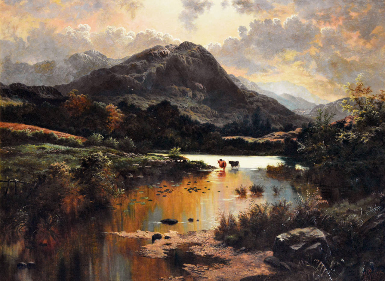 Cattle Watering, oil on canvas - Painting by Henry John Livens