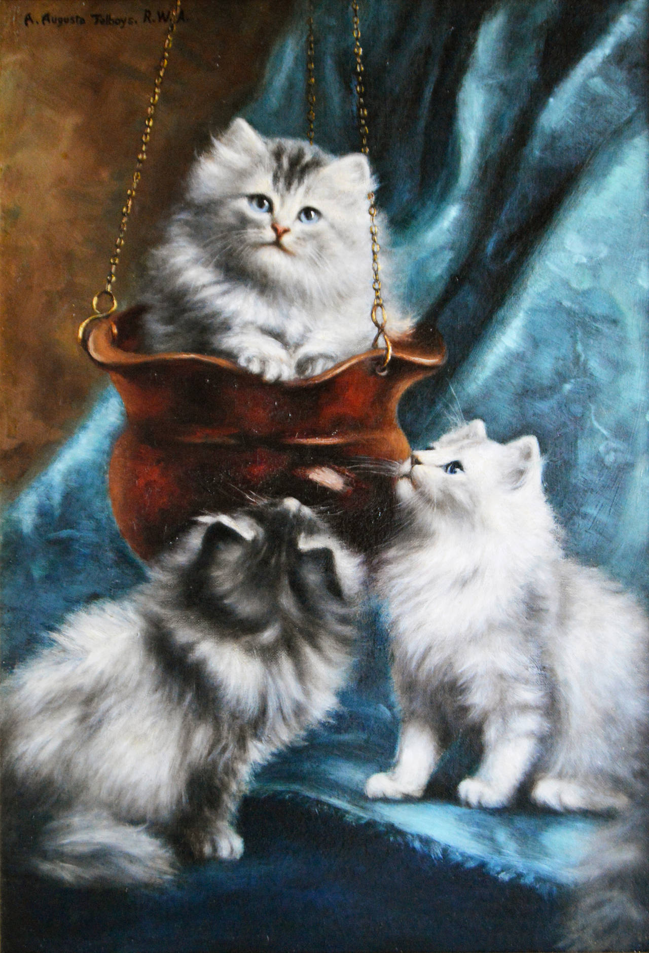 19th Century genre oil painting of Persian Kittens - Painting by Agnes Augusta Talboys