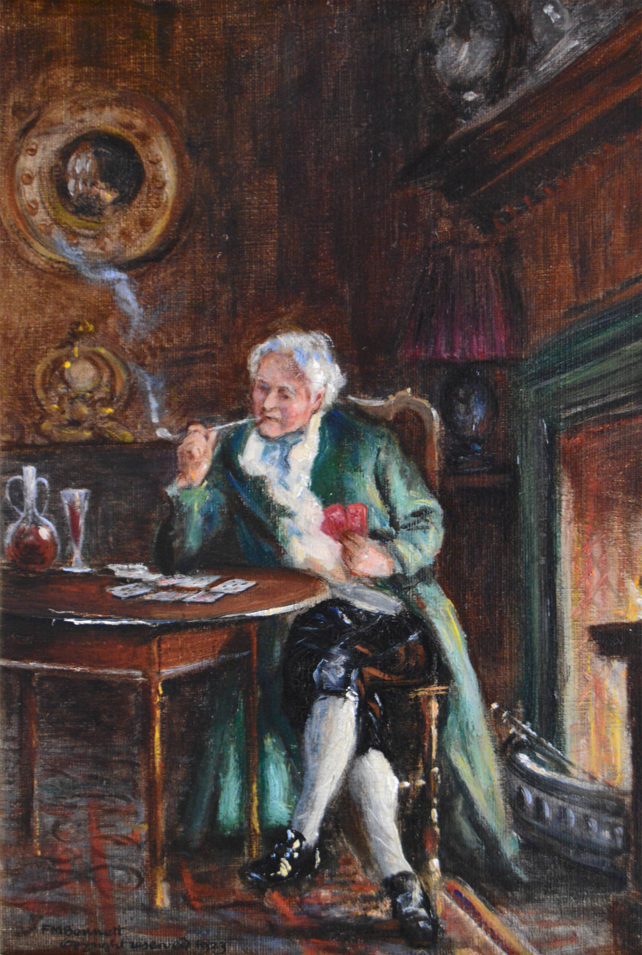 Knitting by the Fireside & Cards by the Fireside, oil on canvas, pair - Brown Figurative Painting by Frank Moss Bennett