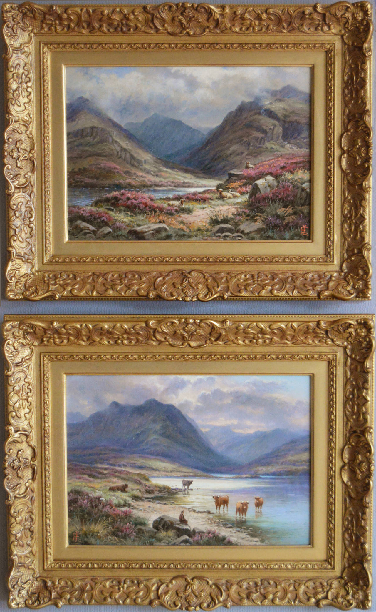 Edgar Longstaffe Landscape Painting - Sheep Resting in Highlands &  Cattle Watering in Highlands, pair, oil on canvas
