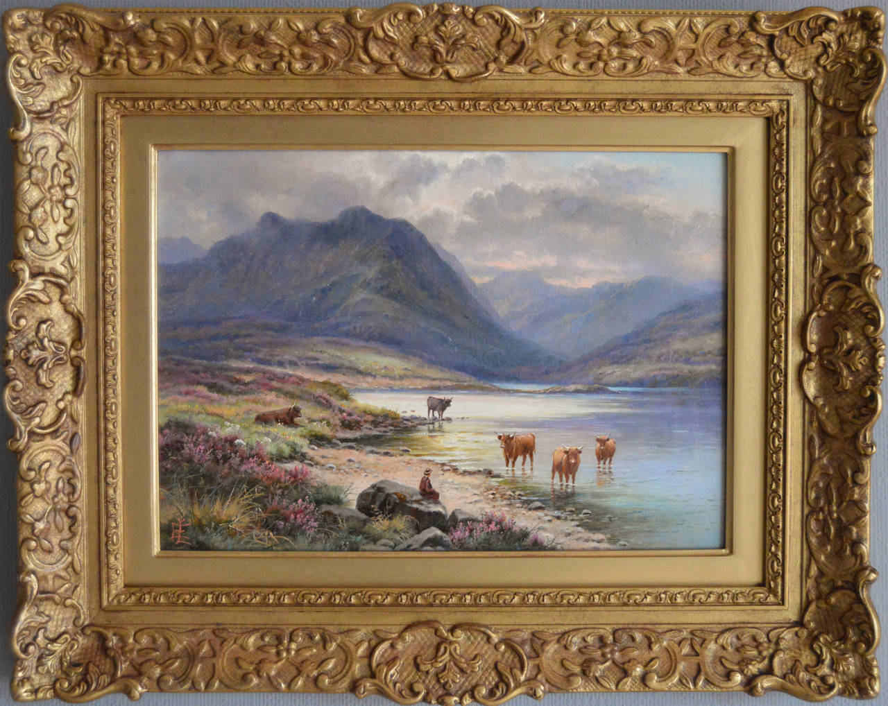 Sheep Resting in Highlands &  Cattle Watering in Highlands, pair, oil on canvas - Victorian Painting by Edgar Longstaffe