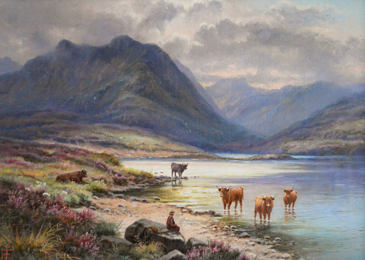 Edgar Longstaffe
British, (1852-1933)
Sheep Resting in Highlands & 
Cattle Watering in Highlands
Oil on canvas, pair, both signed with monogram
Image size: 10 inches x 14 inches 
Size including frame: 16¼ inches x 20¼ inches

Edgar