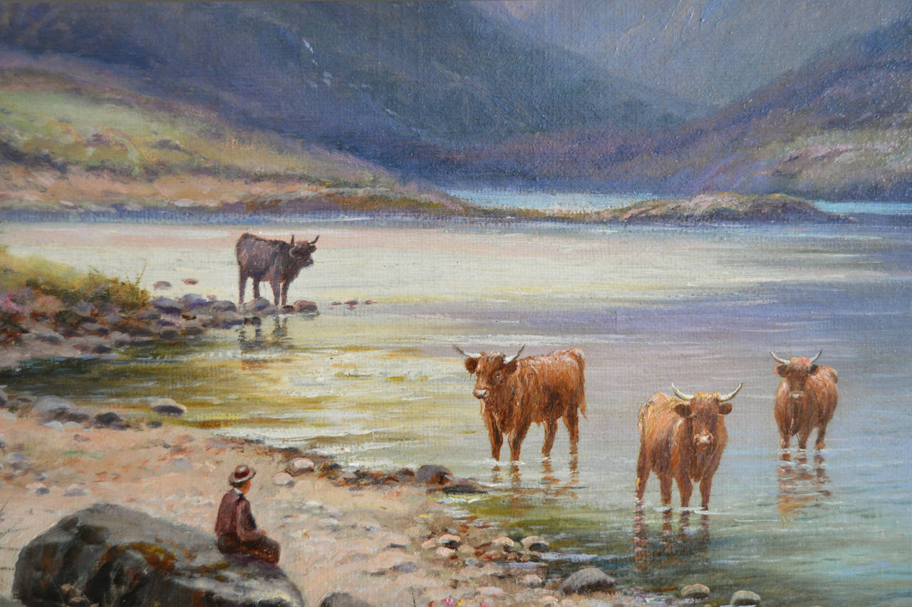 Sheep Resting in Highlands &  Cattle Watering in Highlands, pair, oil on canvas 1