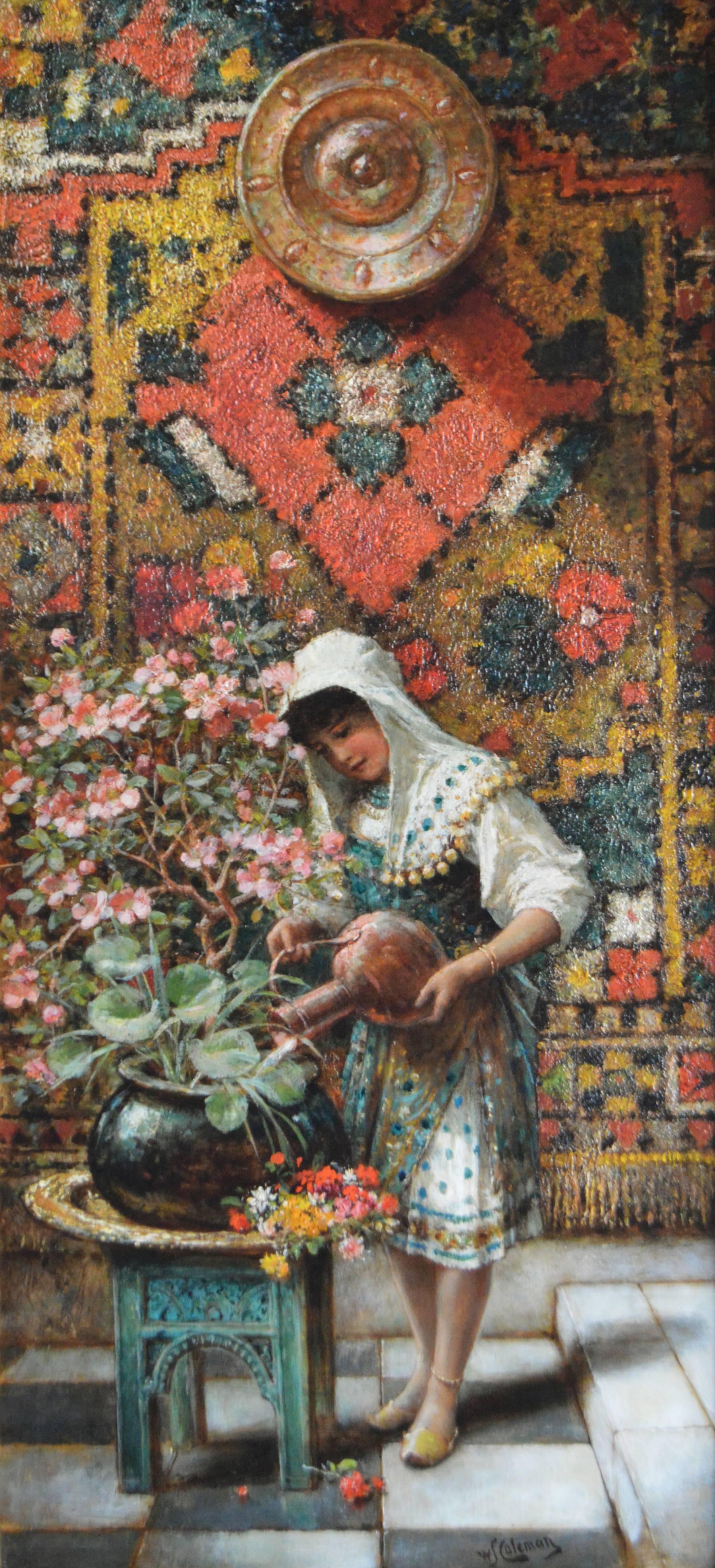 Watering the Flowers, oil on canvas - Painting by William Stephen Coleman