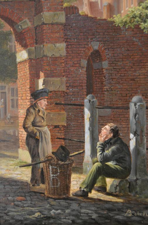 19th Century landscape oil painting of figures in a Dutch townscape - Victorian Painting by Johannes Bartholomeus van Hove