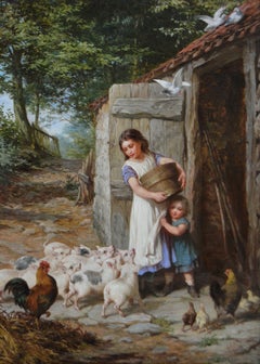 19th Century genre oil painting of two girls feeding piglets & chickens