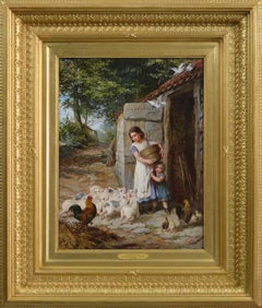 19th Century genre oil painting of two girls feeding piglets & chickens