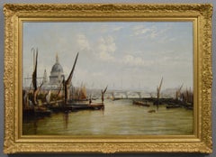 Dipinto a olio del XIX secolo raffigurante il panorama urbano del Tamigi con la Cattedrale di St Paul