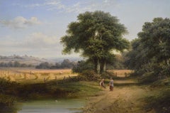 Cuadro al óleo del siglo XIX que representa un paisaje con personas cerca de un campo de cosecha