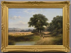 Cuadro al óleo del siglo XIX que representa un paisaje con personas cerca de un campo de cosecha