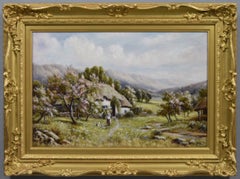 Landschaftsgemälde aus dem 19. Jahrhundert in Öltechnik, das eine Person vor einem Cottage in Devonshire zeigt