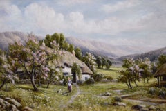 Landschaftsgemälde aus dem 19. Jahrhundert in Öltechnik, das eine Person vor einem Cottage in Devonshire zeigt