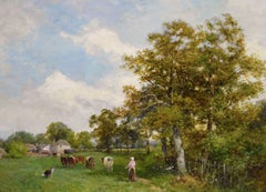 19th Century landscape oil painting of a woman & a dog herding cows