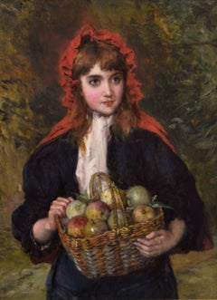 19th Century portrait oil painting of a young woman holding a basket of apples