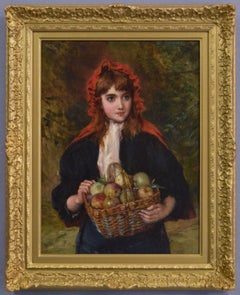 19th Century portrait oil painting of a young woman holding a basket of apples