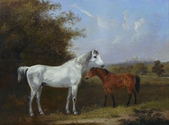 19th Centrury horse oil painting of a mare & foal near Windsor Castle