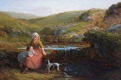 19th Century genre oil painting of a woman & girl with a dog next to a pond