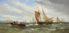 Cuadro al óleo del siglo XIX que representa un paisaje marino con barcos pesqueros frente a un puerto