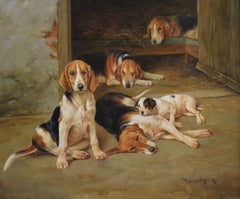 Peinture à l'huile du XIXe siècle représentant des chiots de chasse au renard et un chiot fox-terrier