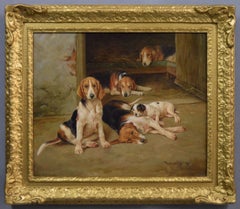 Peinture à l'huile du XIXe siècle représentant des chiots de chasse au renard et un chiot fox-terrier