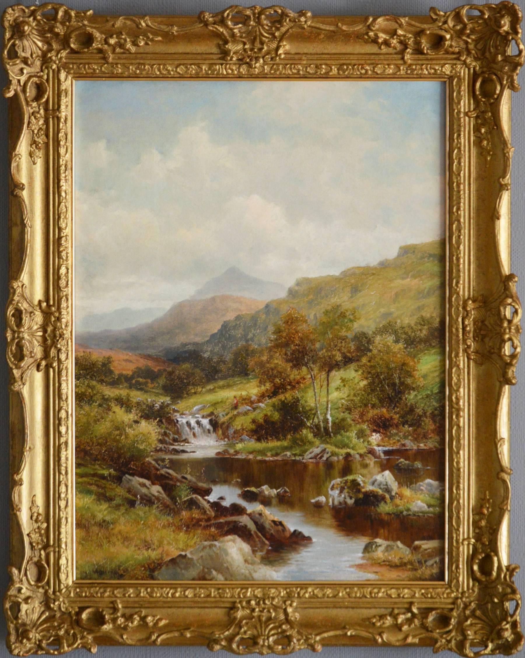 William Henry Mander Landscape Painting - 19th Century river landscape oil painting of a waterfall