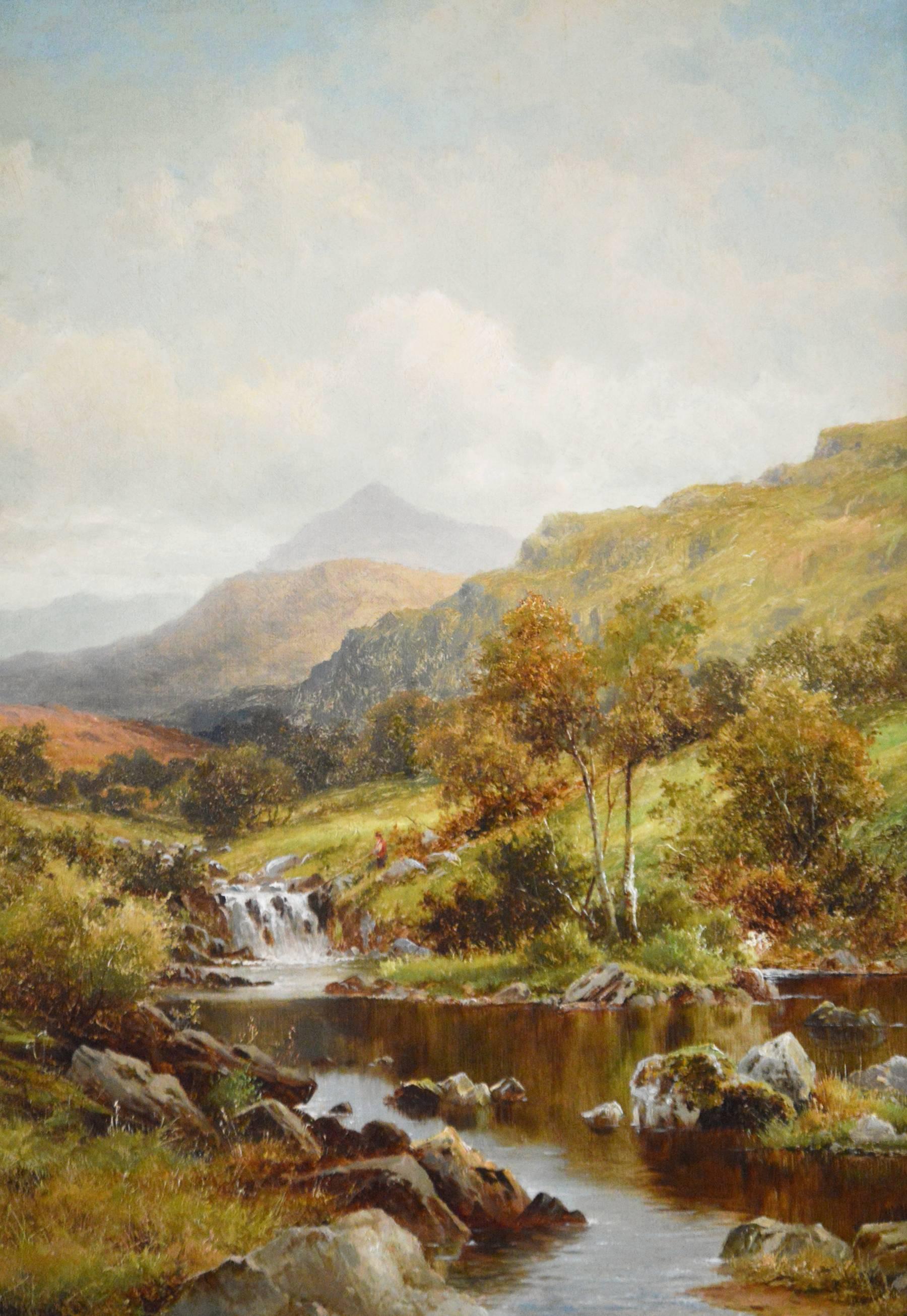 19th Century river landscape oil painting of a waterfall - Painting by William Henry Mander