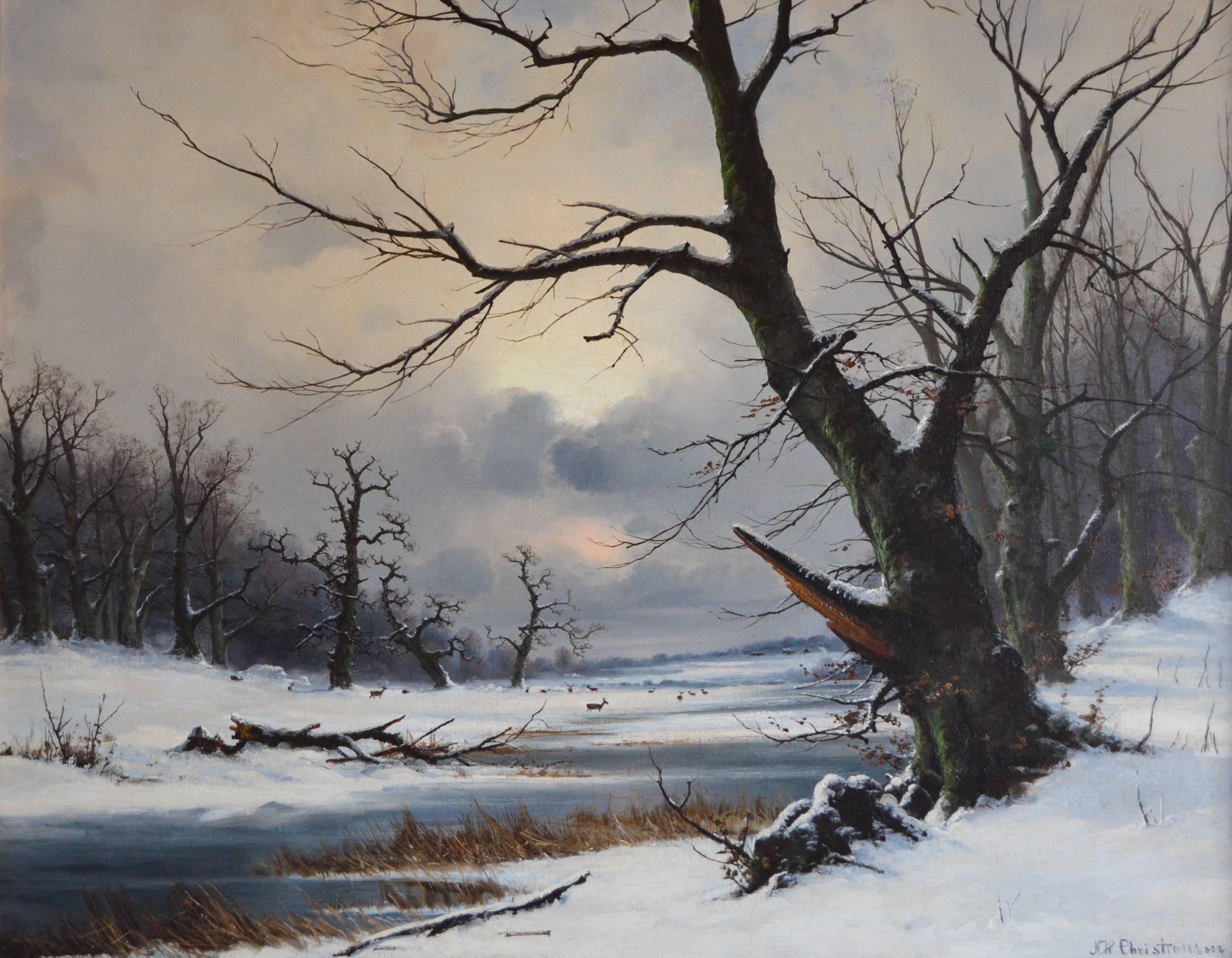 Deer in Winter - Painting by Nils Hans Christiansen