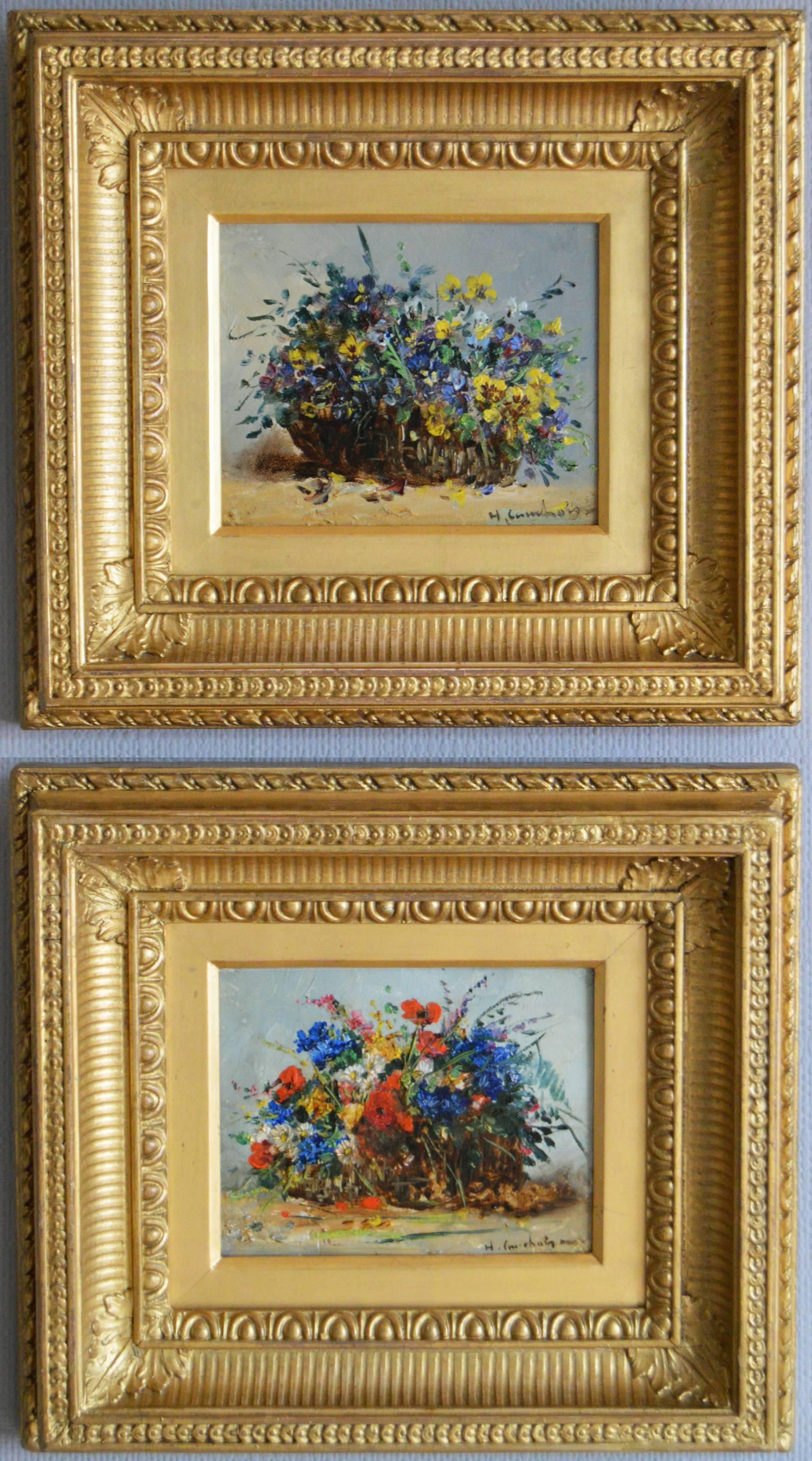 Eugene Henri Cauchois Still-Life Painting - Still Life of Flowers, pair, oil on panel 