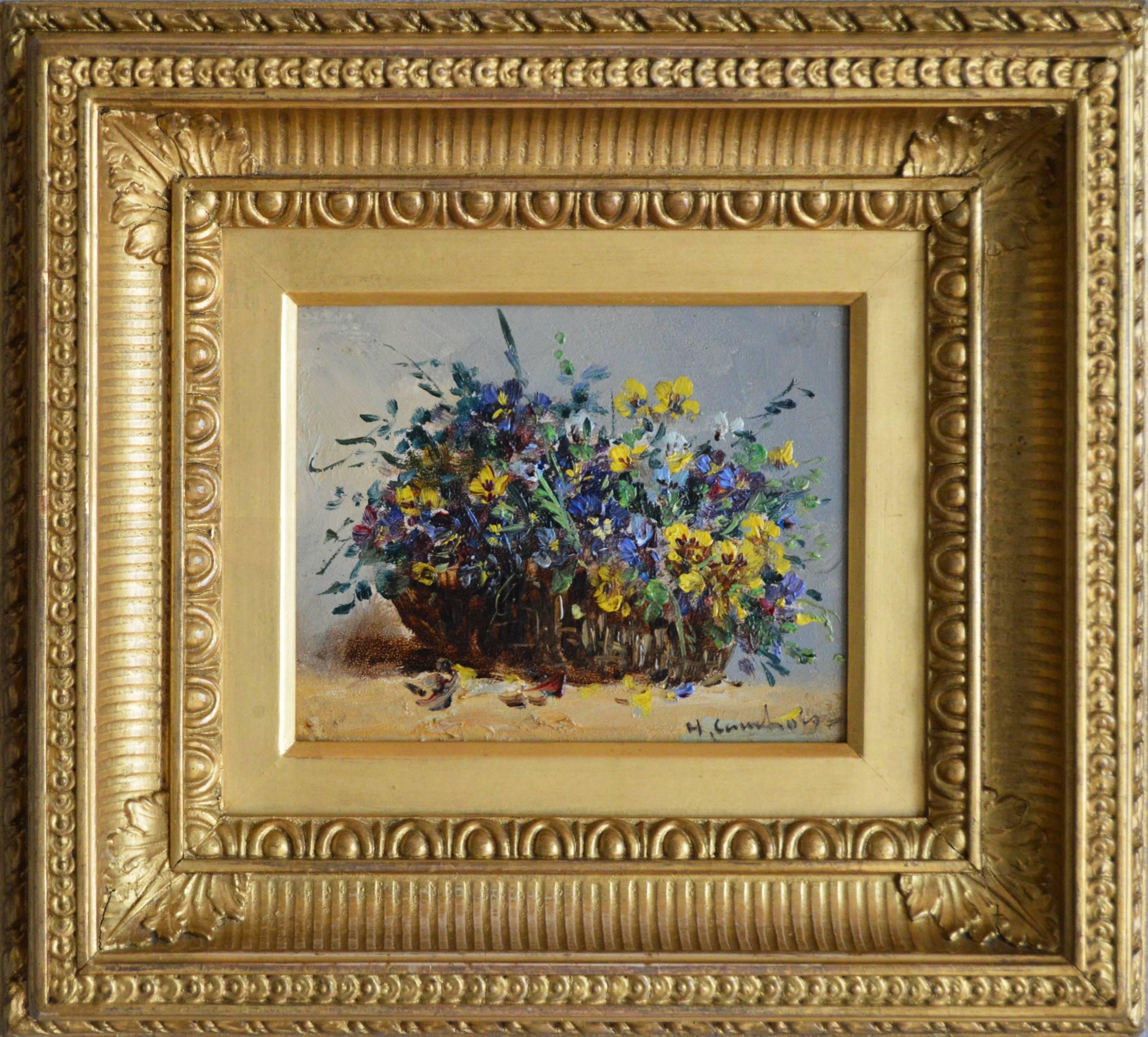 Still Life of Flowers, pair, oil on panel  - Painting by Eugene Henri Cauchois