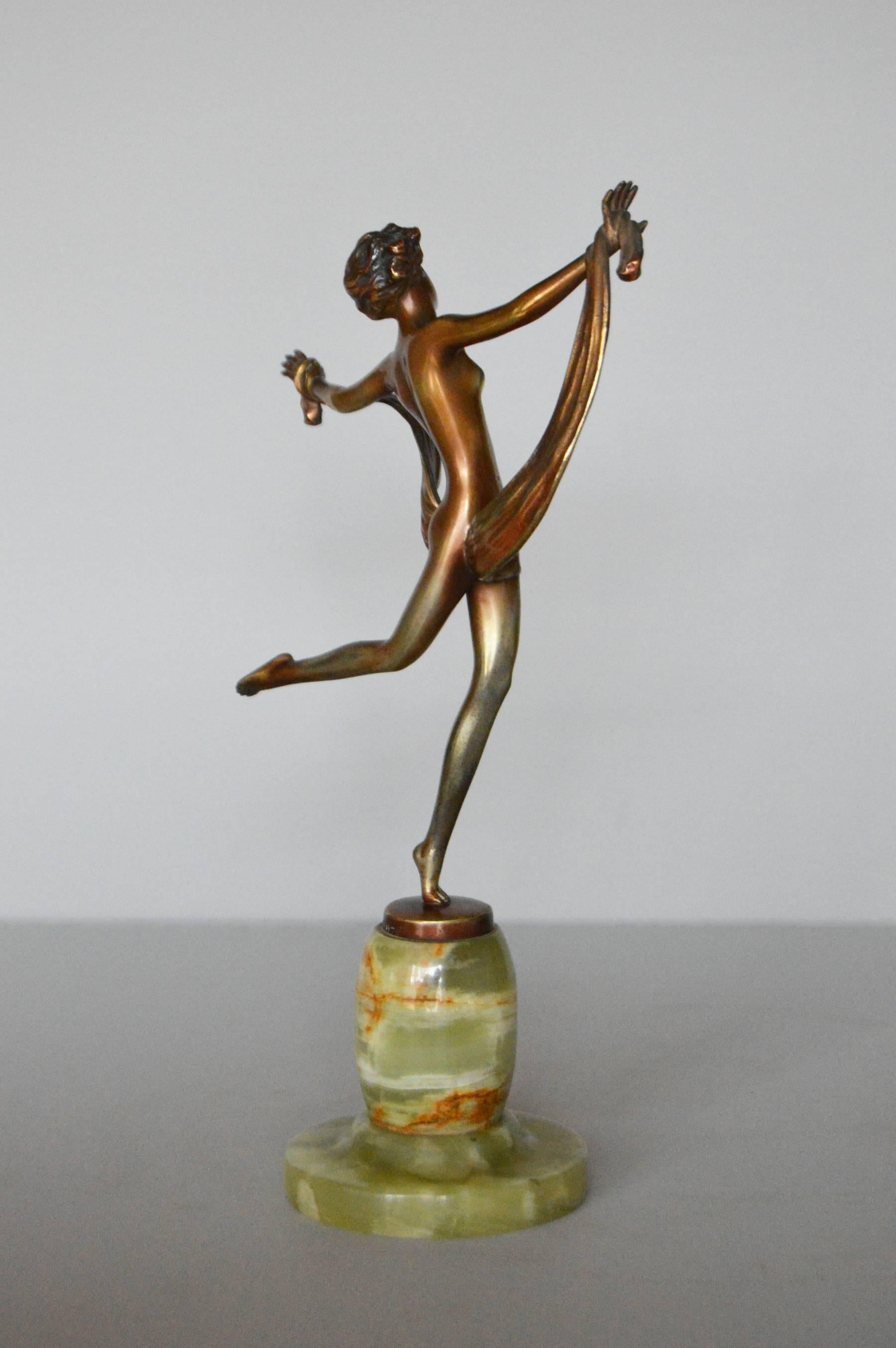 Scarf Dancer, Art Deco Bronze Sculpture  - Gold Figurative Sculpture by Josef Lorenzl