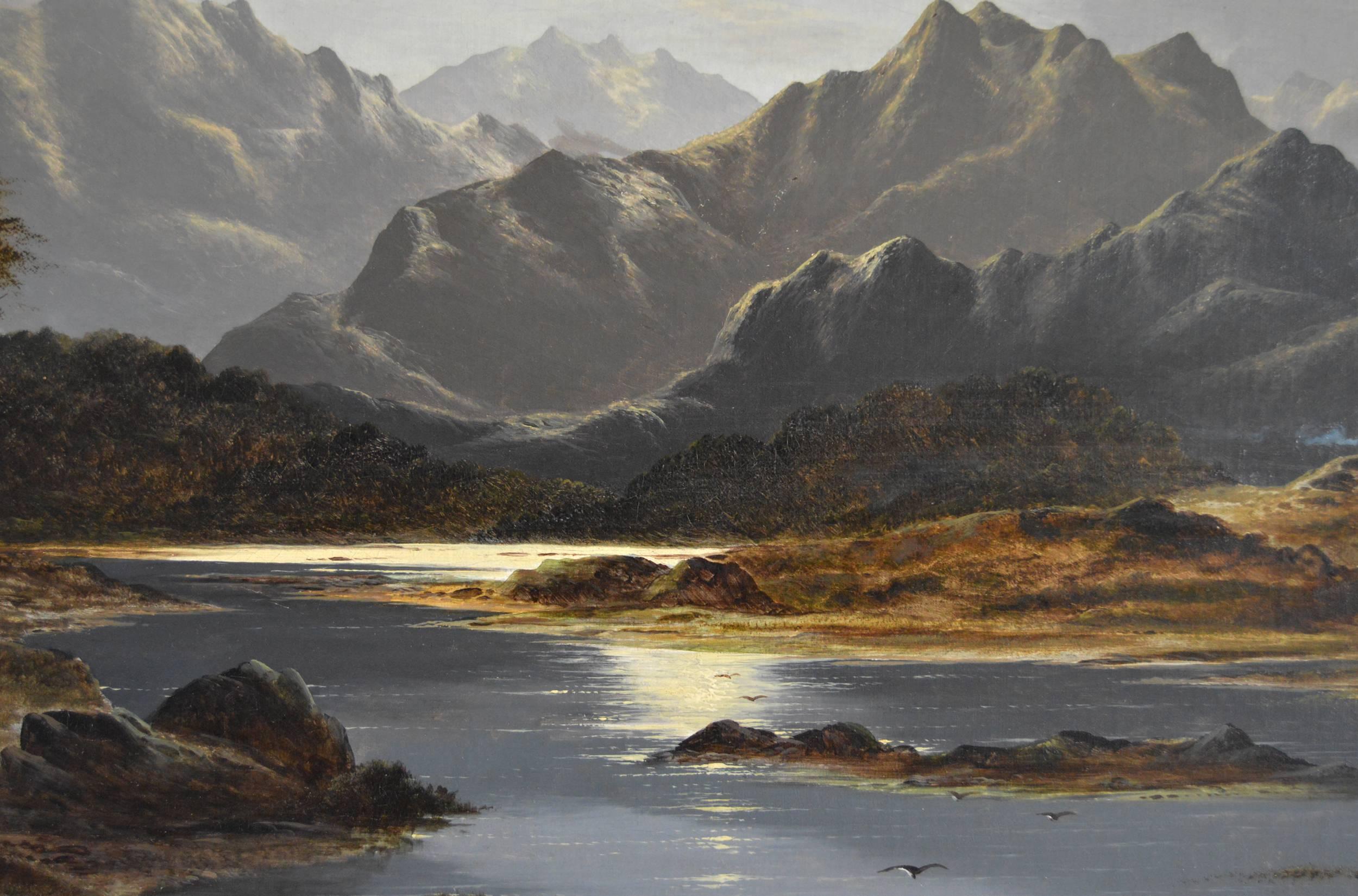 Moonlight Over a Lake, oil on canvas - Victorian Painting by Charles Leslie