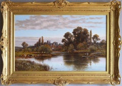 19th Century landscape oil painting of a church by the River Thames