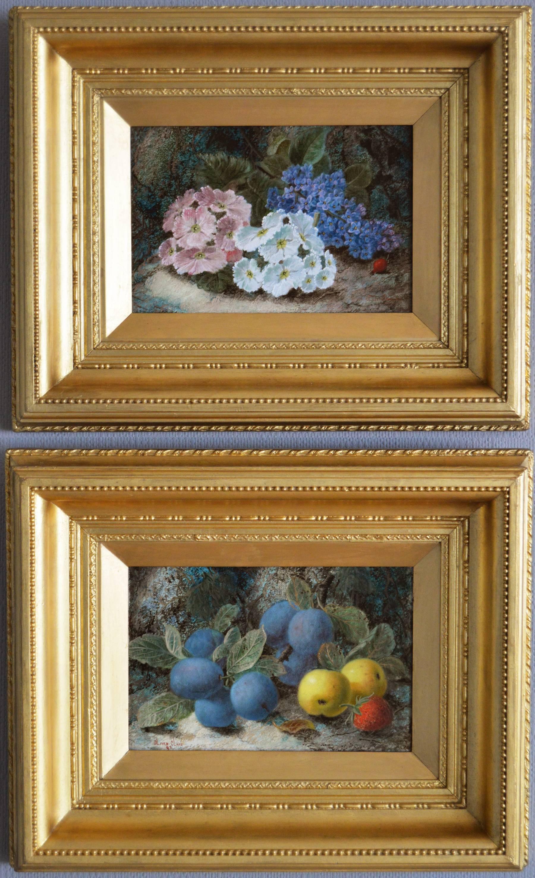 19th Century pair of still life oil paintings of fruit and flowers