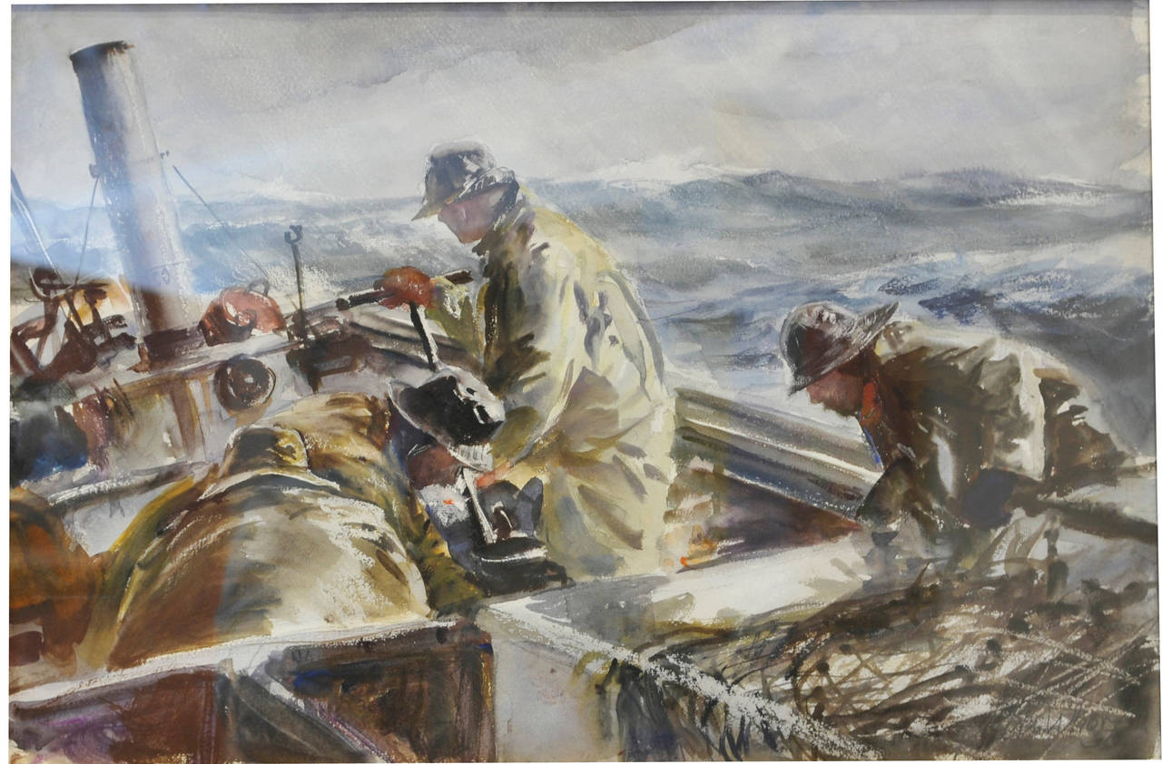 John Whorf Figurative Painting - "Oil Skins - Ploughing Out"