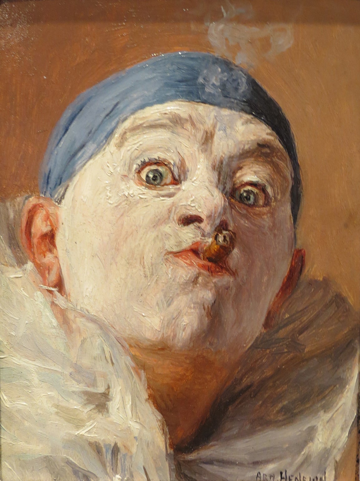 Armand (François Joseph) Henrion Portrait Painting - "Clown with Blue Cap Smoking Cigar"