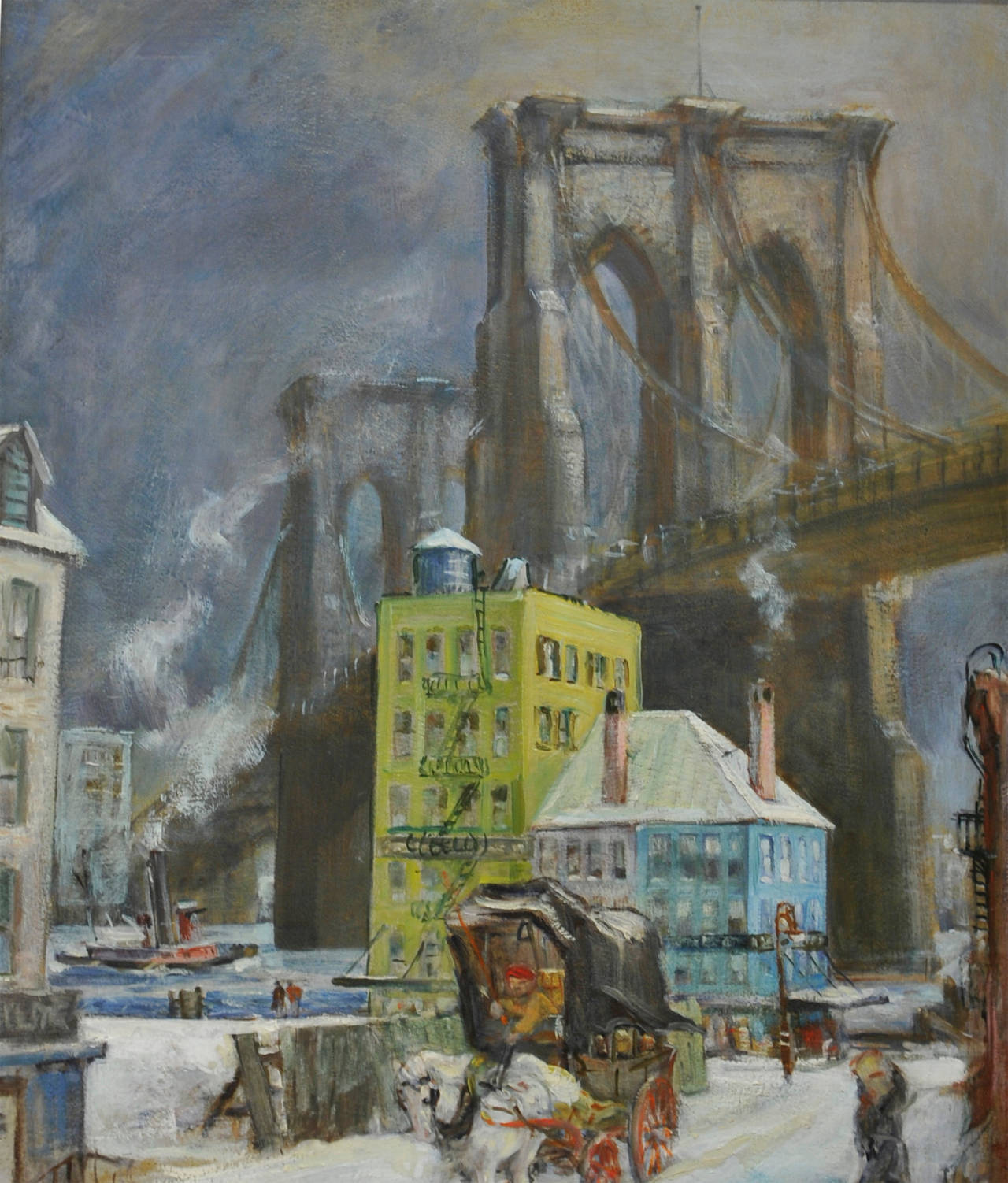 Cecil Crosley Bell Landscape Painting - "Near the Bridge (Brooklyn Bridge, NY)"