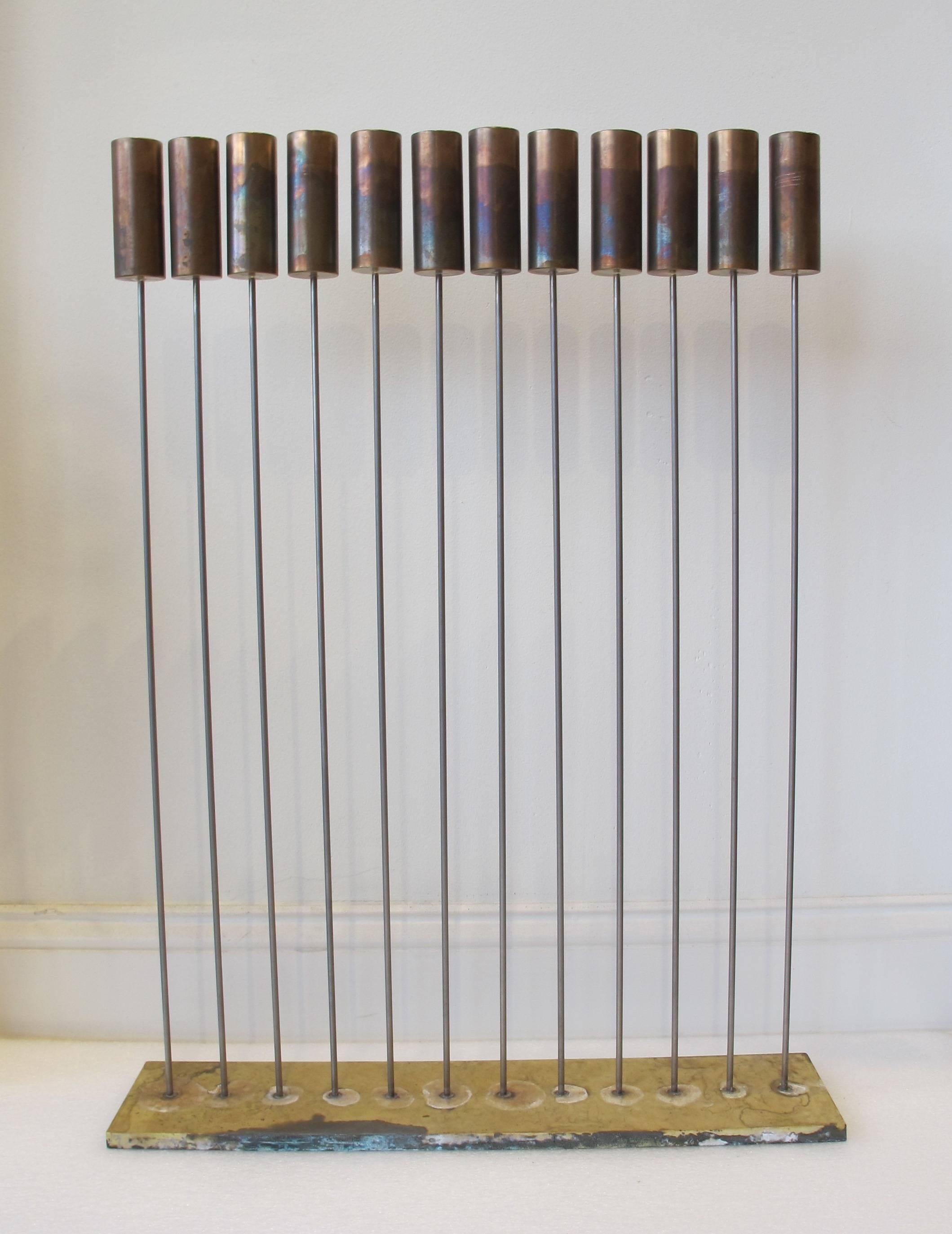 Val Bertoia Abstract Sculpture - "Steel Rods with Brass Cylinder Chimes"