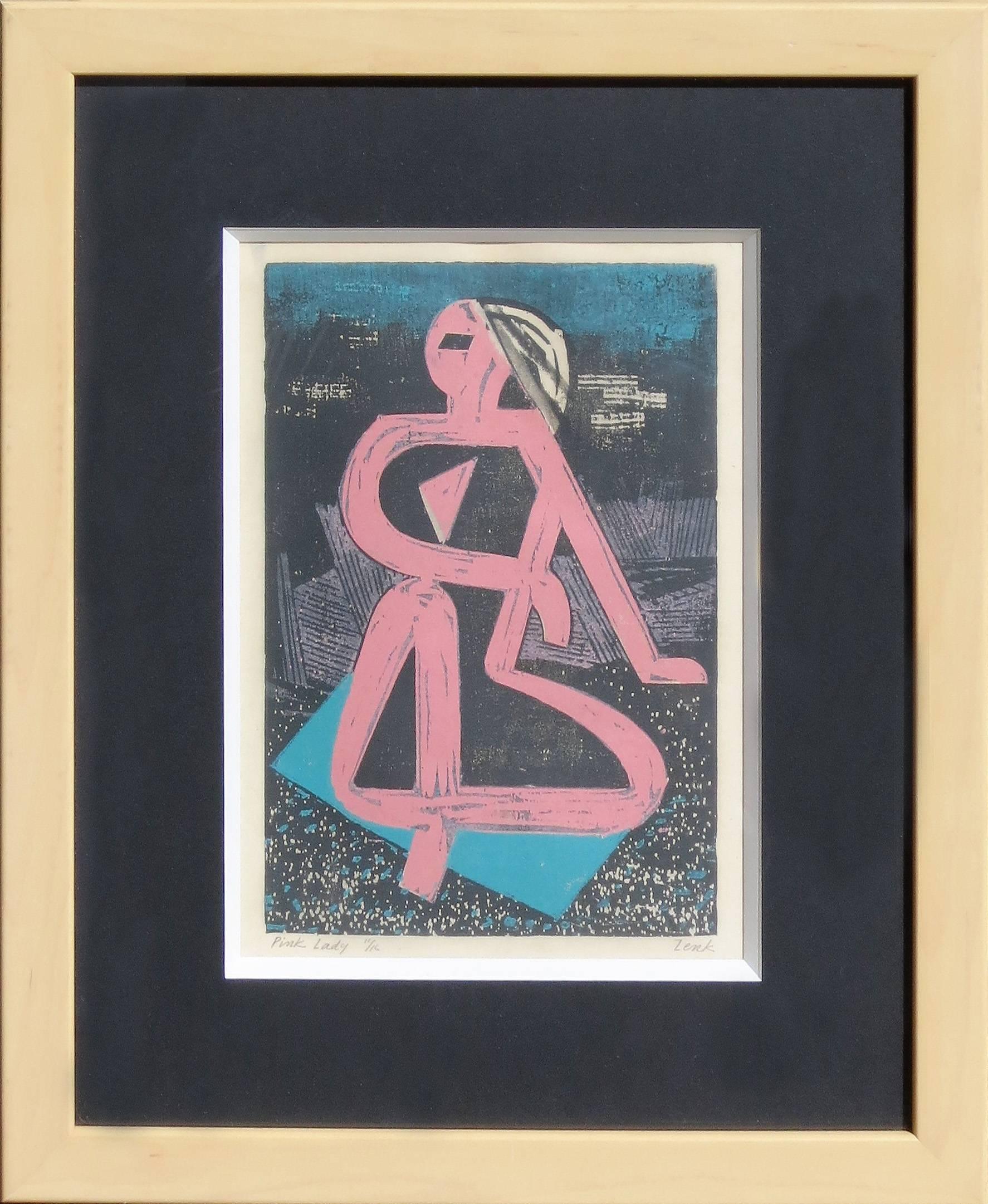 Figurative Print Josef Zenk - « Femme rose »