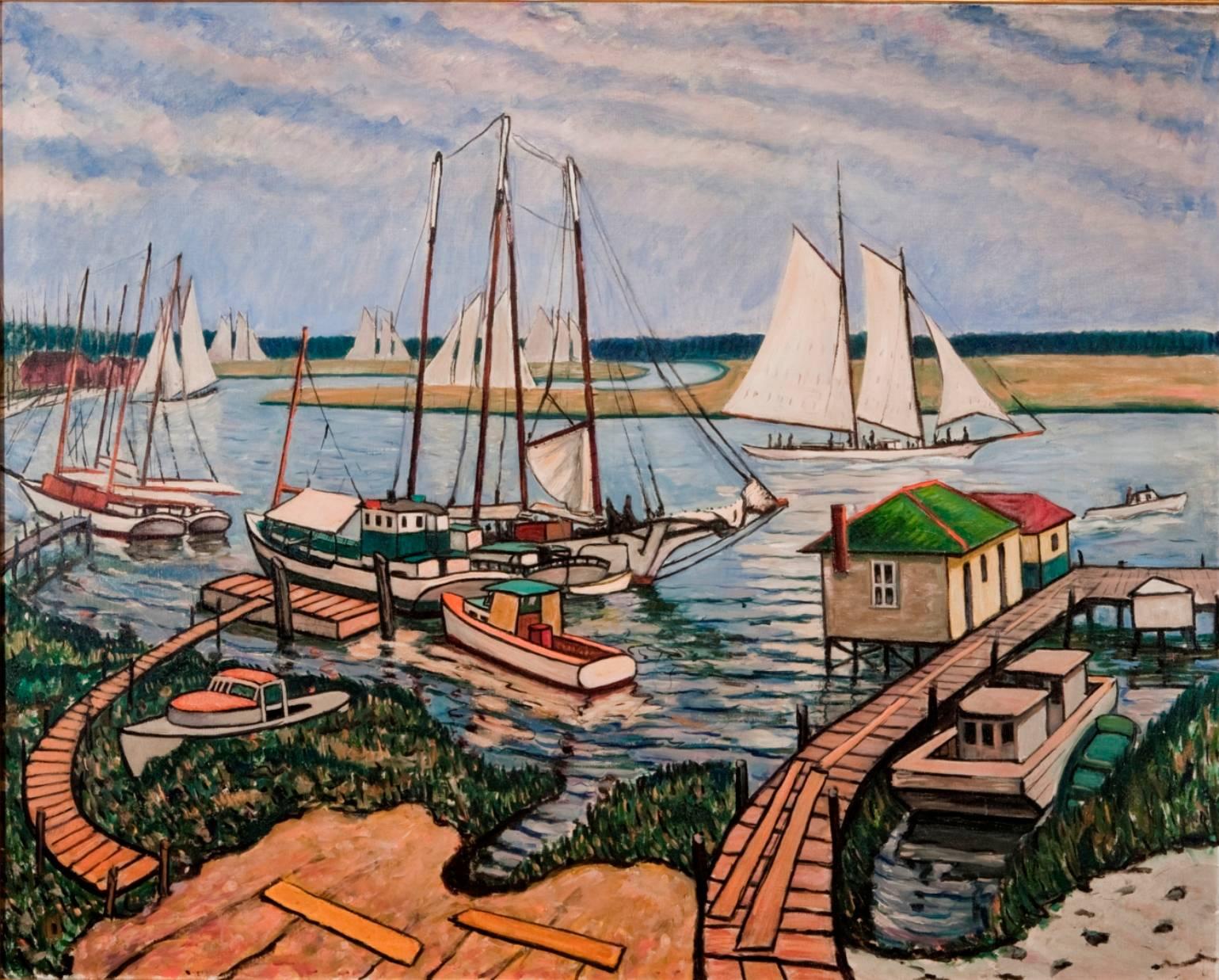„Boats in the Harbor“ – Painting von Hayley Lever