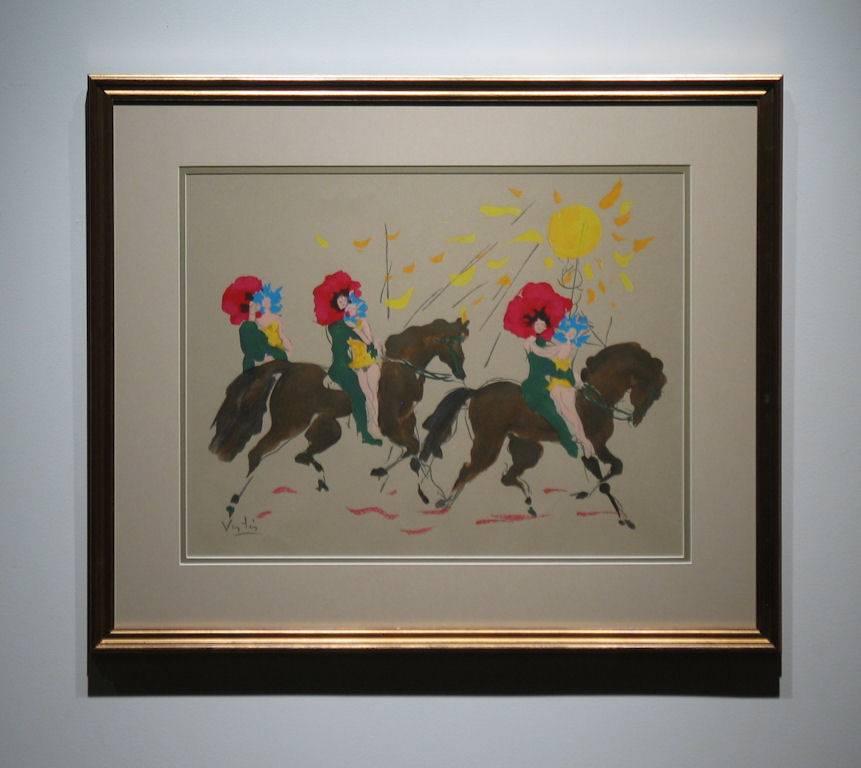 Horses with Woman Riders and Sun - Print by Marcel Vertès