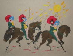 Horses with Woman Riders and Sun