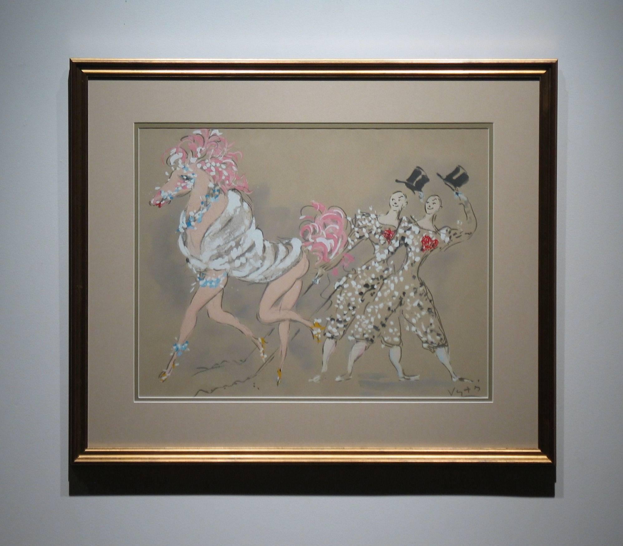 Clowns with Pantomime Horse - Painting by Marcel Vertès