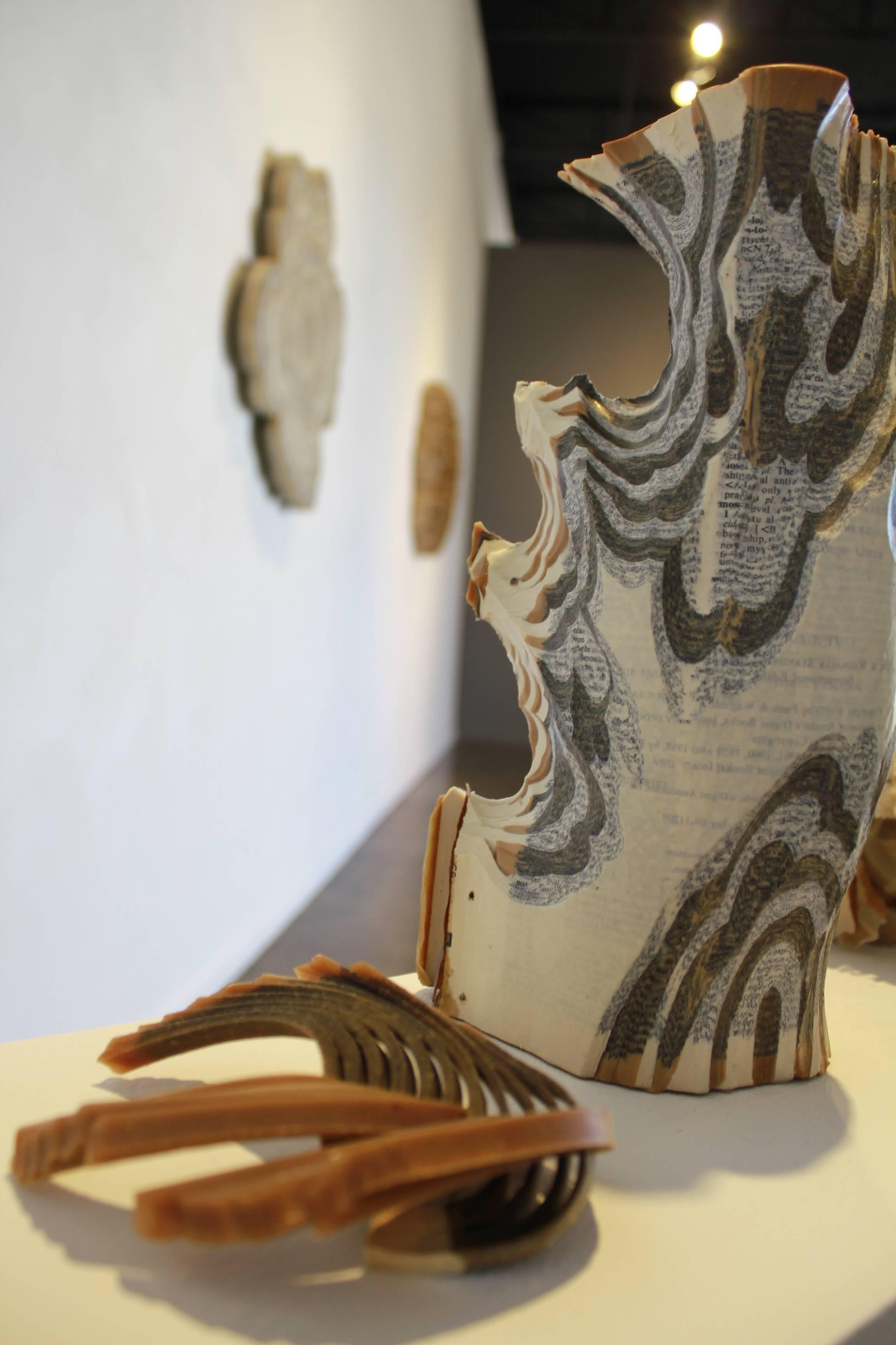 Reading Our Remains : Two books carved - Gray Abstract Sculpture by Jessica Drenk