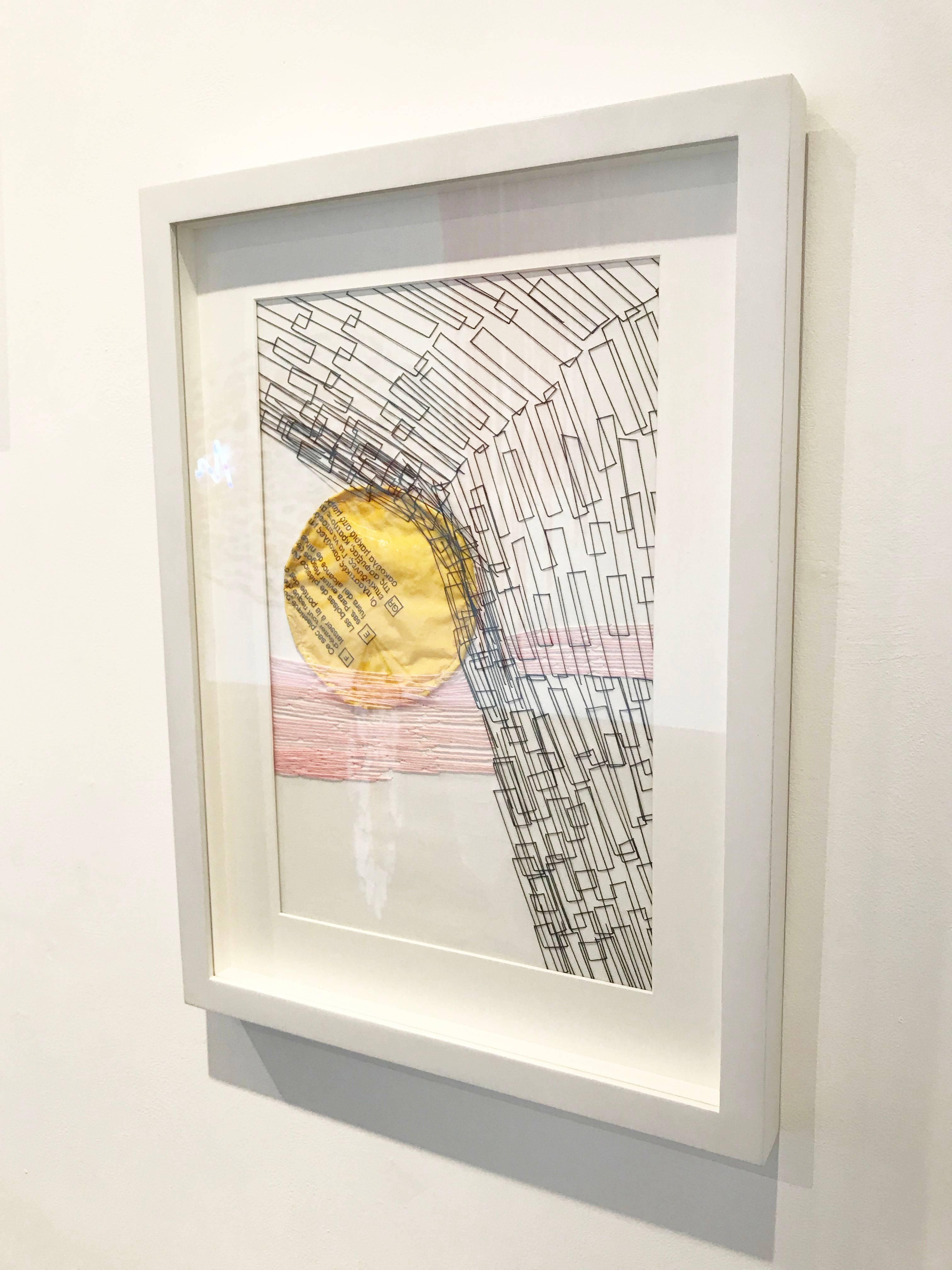 Untitled, 2015; 23 x 16.5” (framed), plastic, pipe cleaner, thread on canvas; $800

Caroline Lathan-Stiefel’s delicately-webbed “drawings-in-space” cover, divide, encircle, and fill
spaces. Often large in scale, they activate opportunities for
