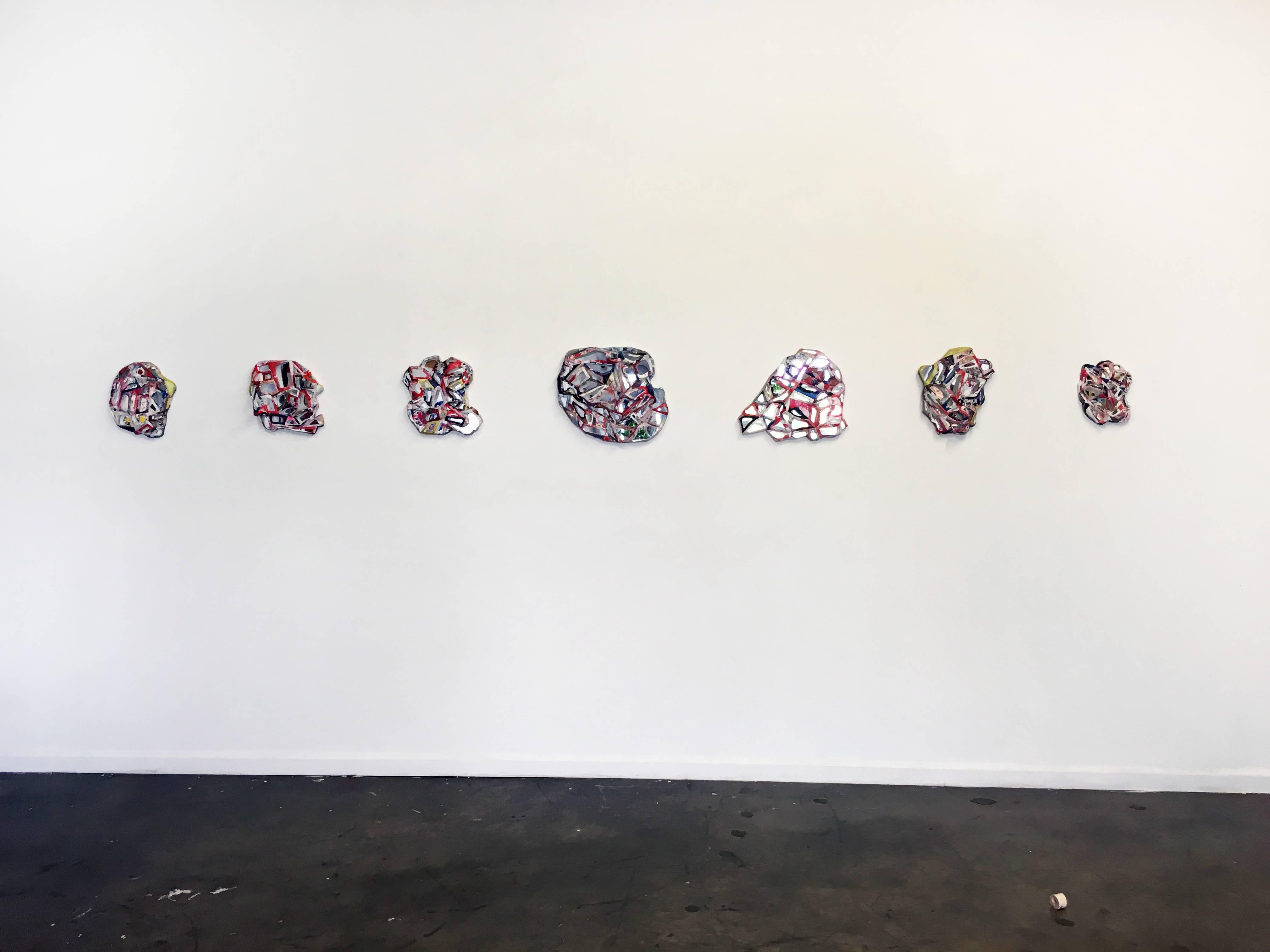 Jason Willaford's Me Monsters represent the many facades of humanity and the layers of a disguise. Each Me Monster is created with flat vinyl that is sewn and transformed into a rigid structure reminiscent of a mask. Behind this created facade,