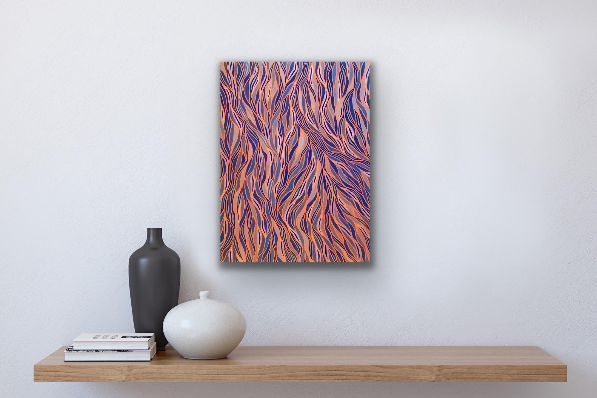 Wavy patterned abstraction in complimentary orange and blue - 070621 - Painting by Patricia Fabricant