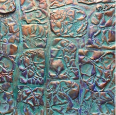 Patina appearing textural abstract with auqa and metallic palette terra. 49 -C19