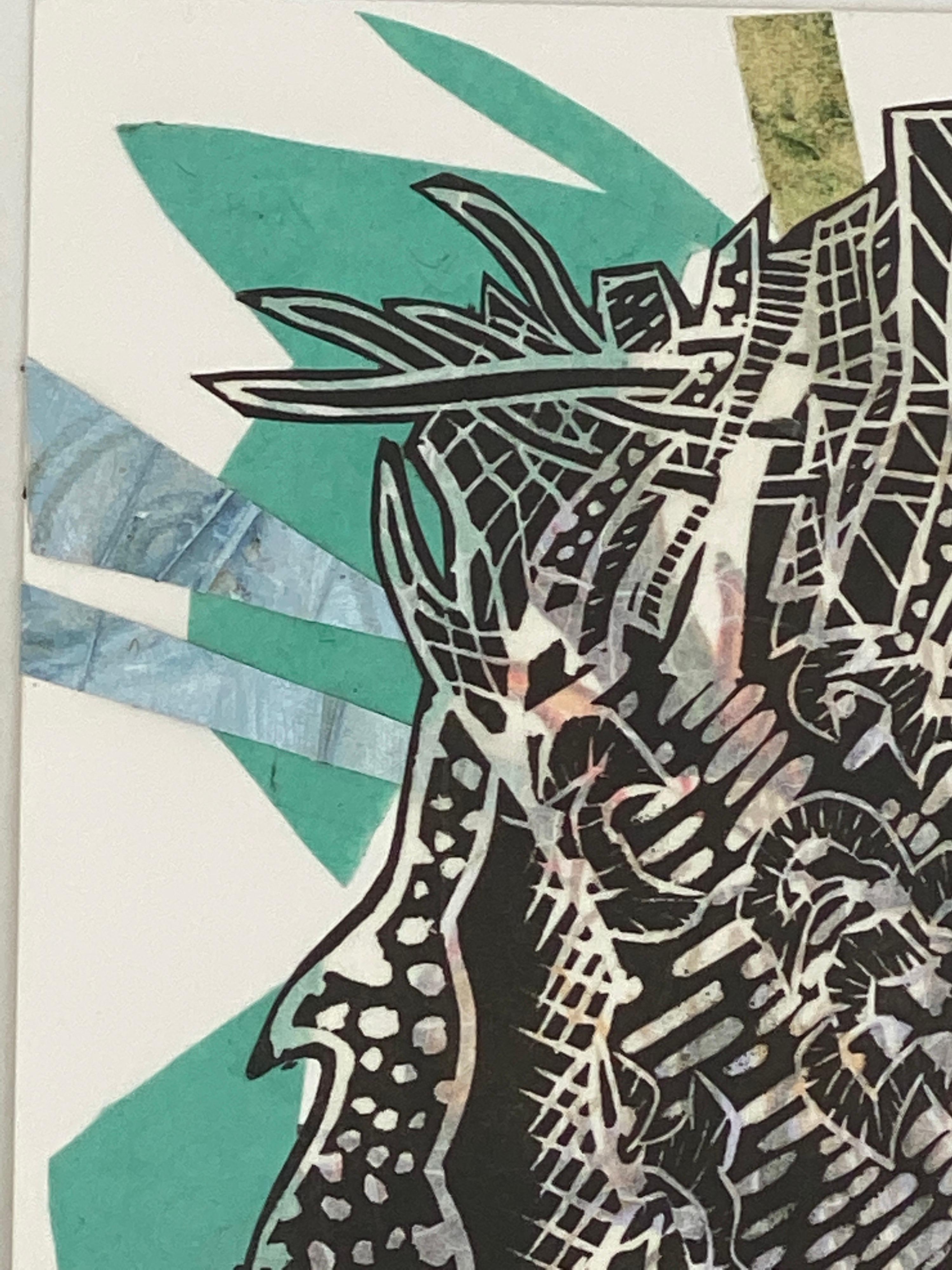 Hand cut and collaged linocut monotype and collagraph prints create this teal black and white abstract botanical original. The form in the work is created from a drawing of one of the artist's organic shaped sculptures. Created while a part of the